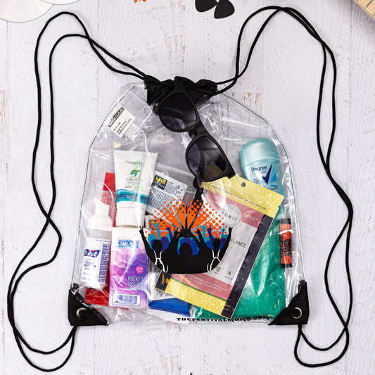 Festival Survival Pack with Large Clear Drawstring Bag